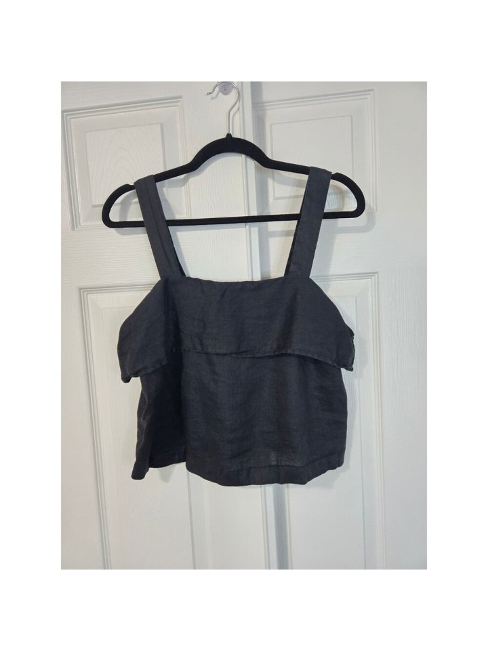 Womens Black 100% Linen Ruffle Layered Crop Tank Top Small S